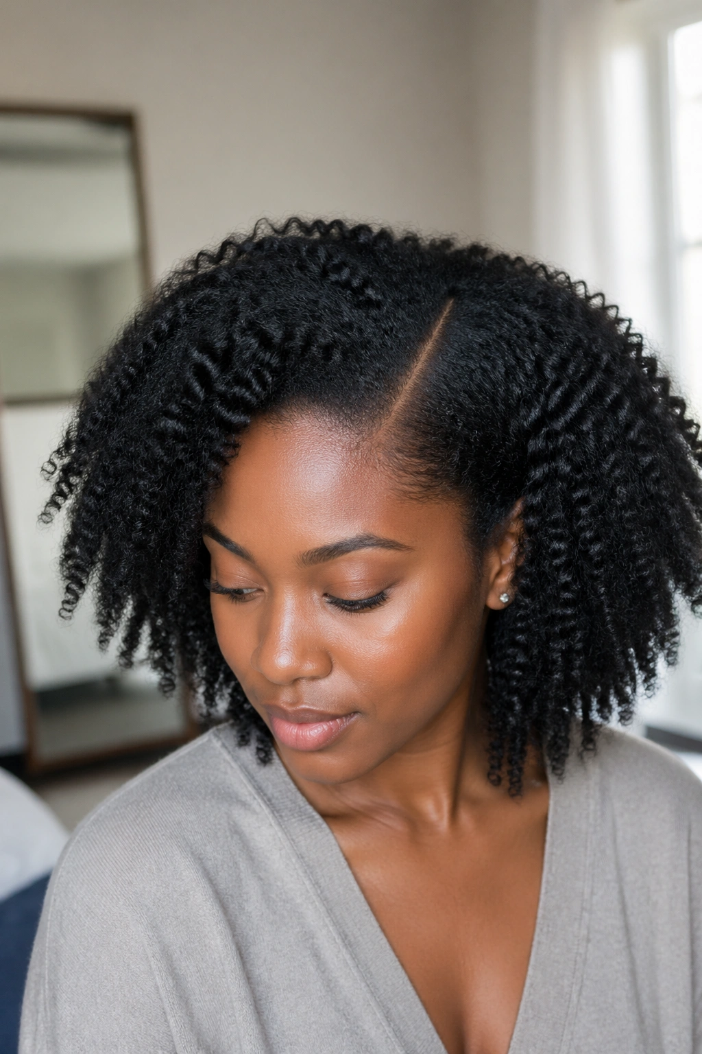 Close-up of a woman with a crisp deep side part in natural hair