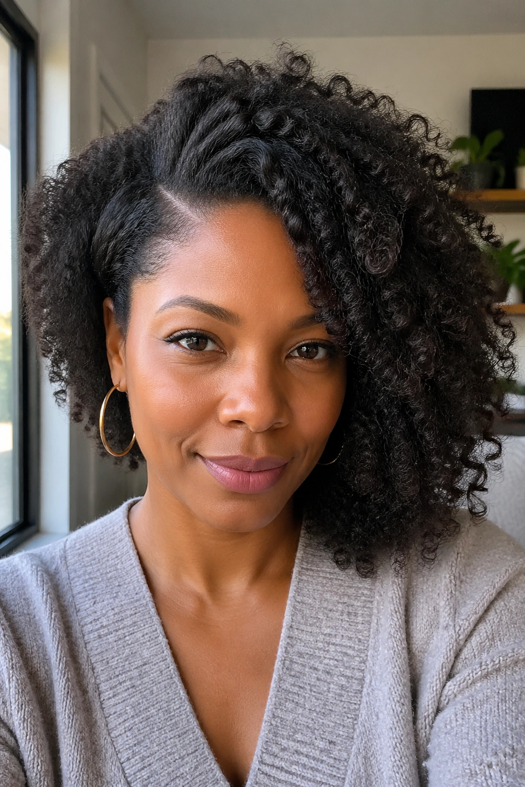 Close-up portrait of a woman with a defined part and volume-shift afro