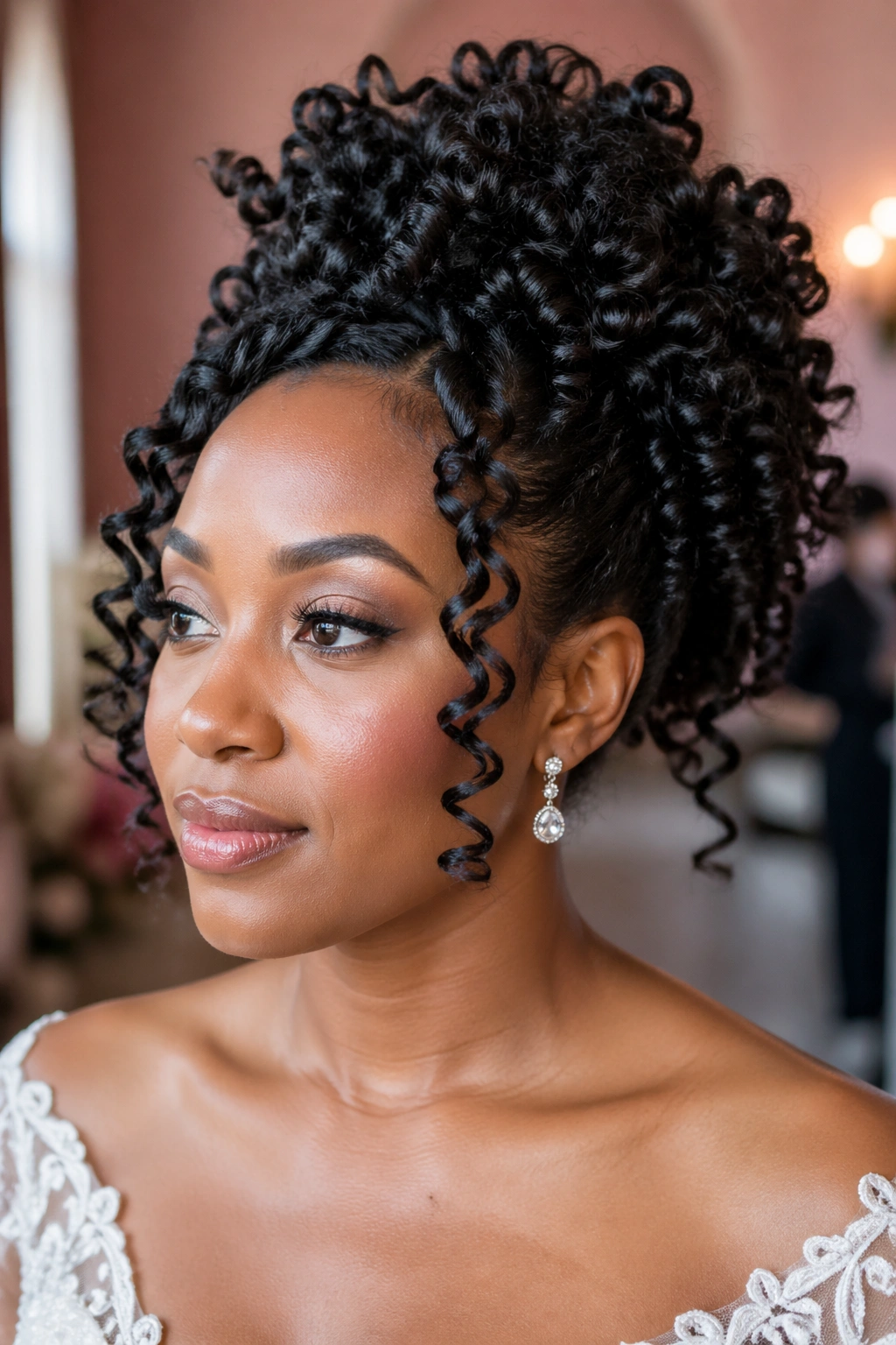 Close-up of a bride with defined ringlet updo