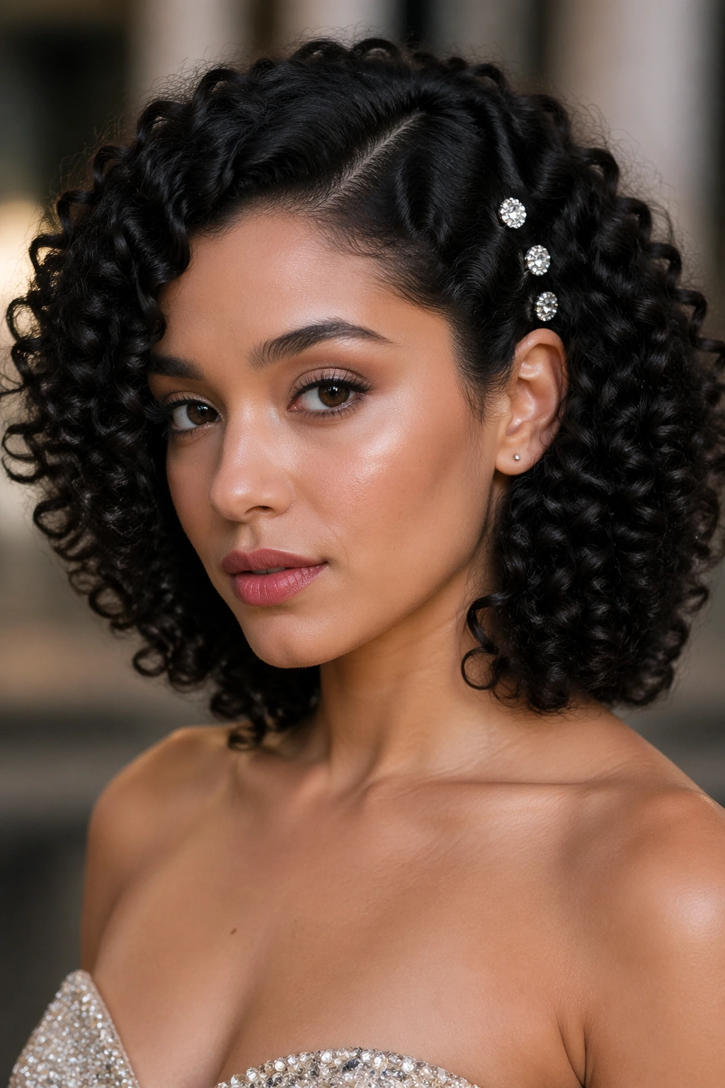 Defined ringlets with crystal pins at the temple.