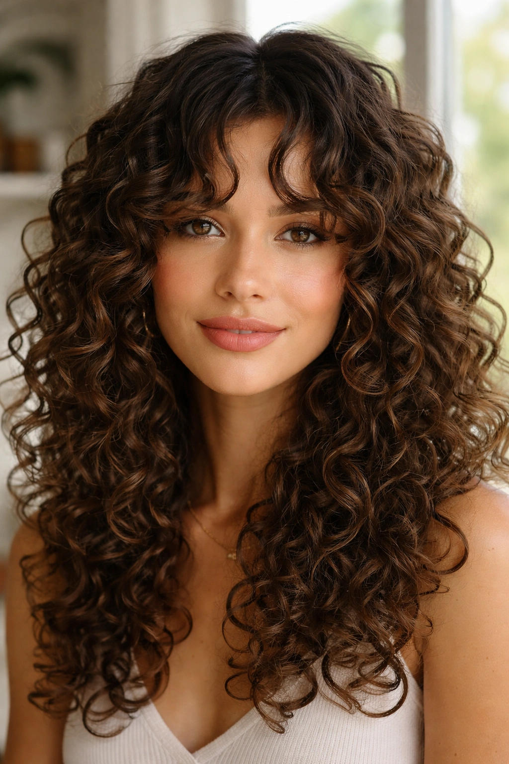 Close-up portrait of a woman with defined ringlet curtain bangs under bright window light