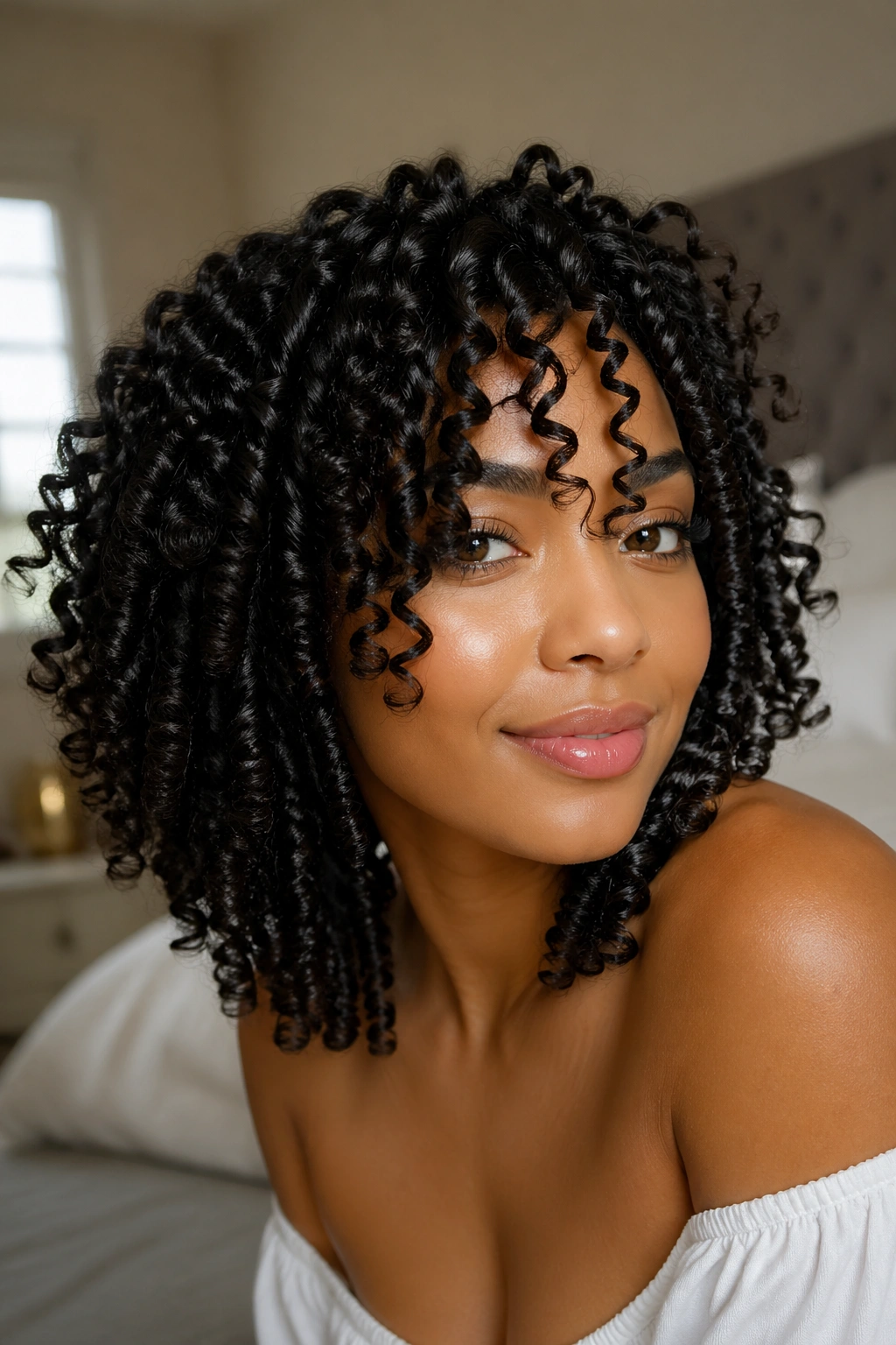 Close-up of a real woman with defined ringlets in soft window light