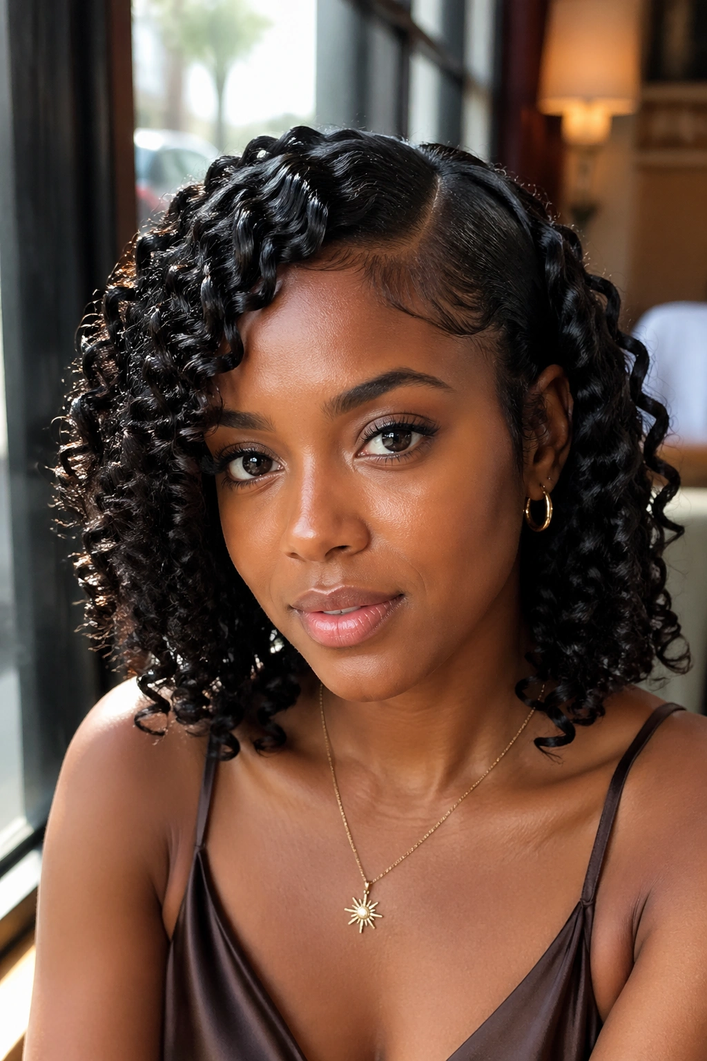 Close-up of a real woman with defined finger-coiled ringlets and a deep side part.