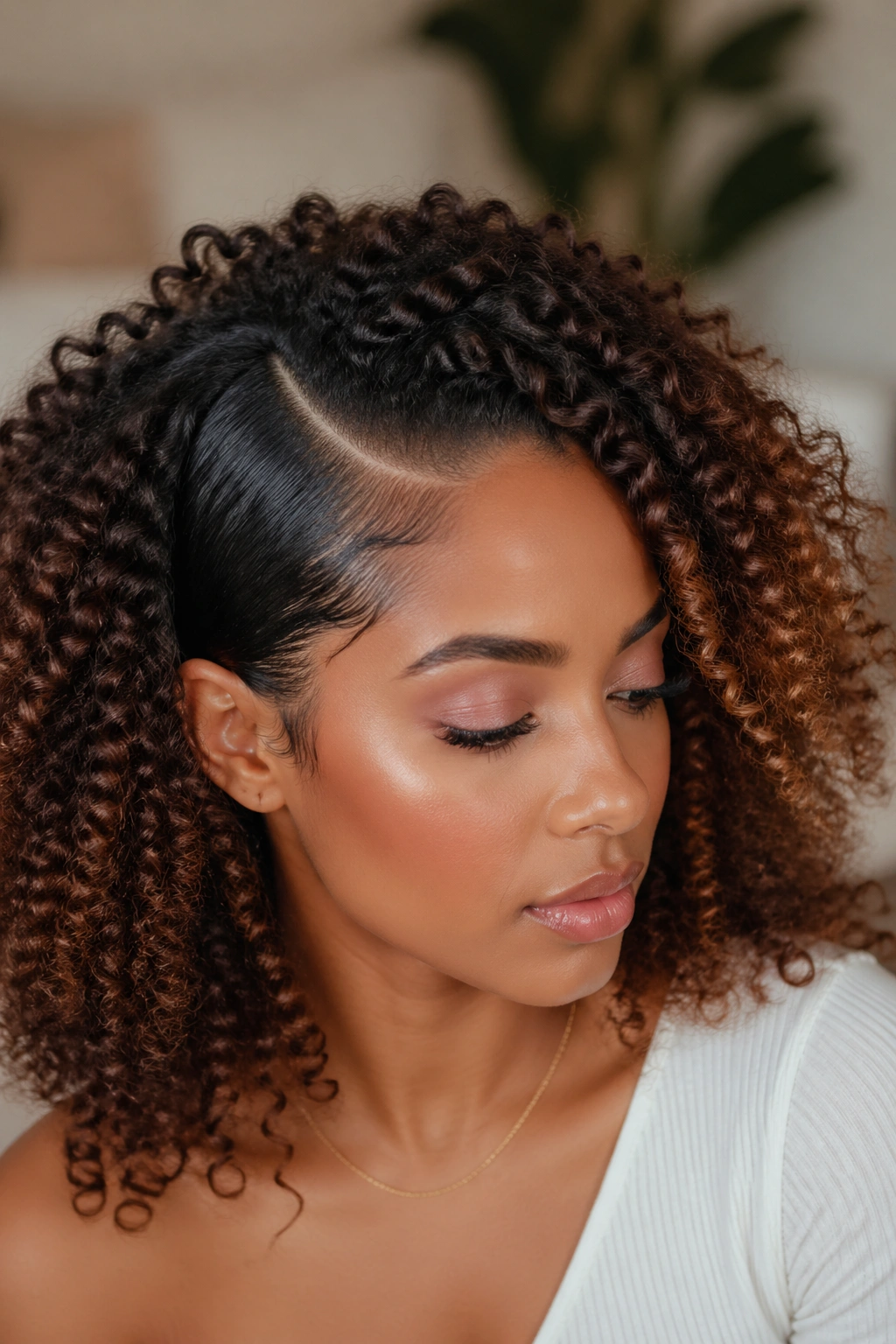 Close-up of a real woman with a clearly defined side-part on curly hair