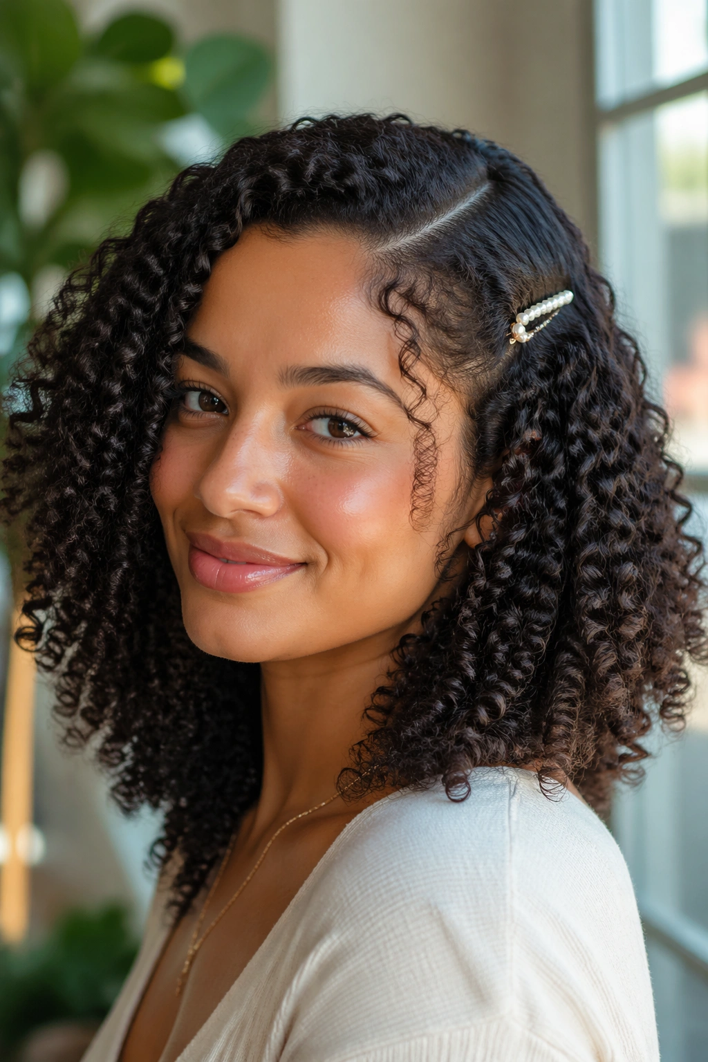 Woman with defined spiral curls and a small barrette at the temple.