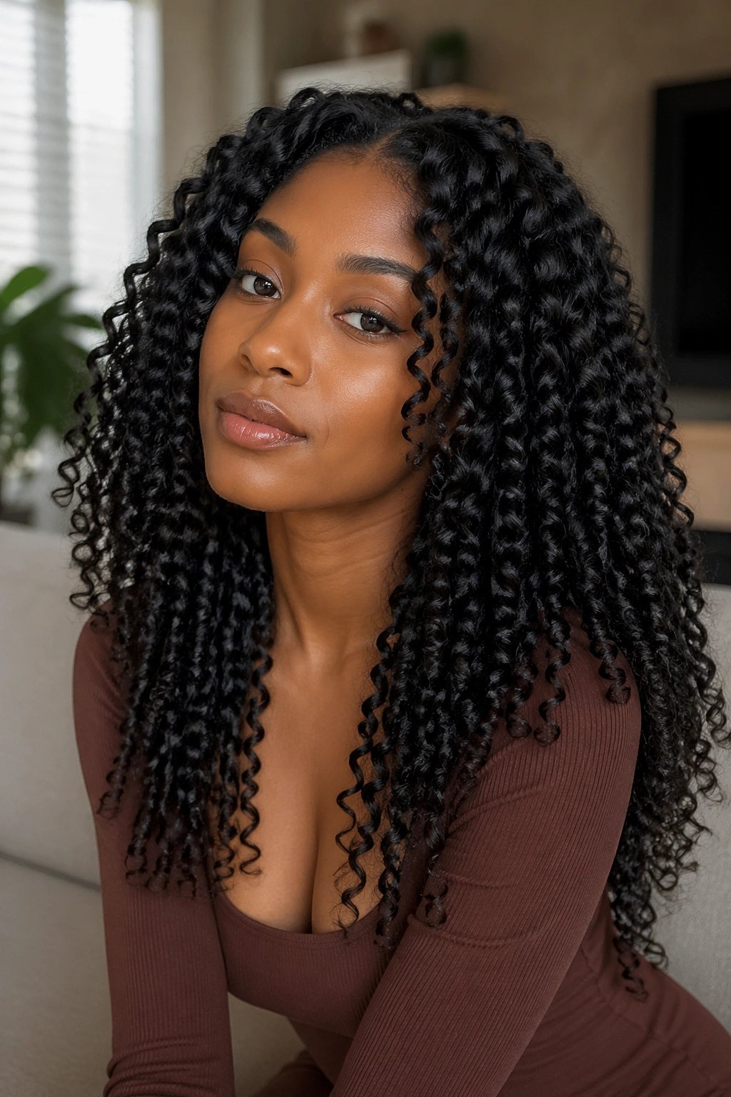 Close-up portrait of defined spiral curls on a real woman