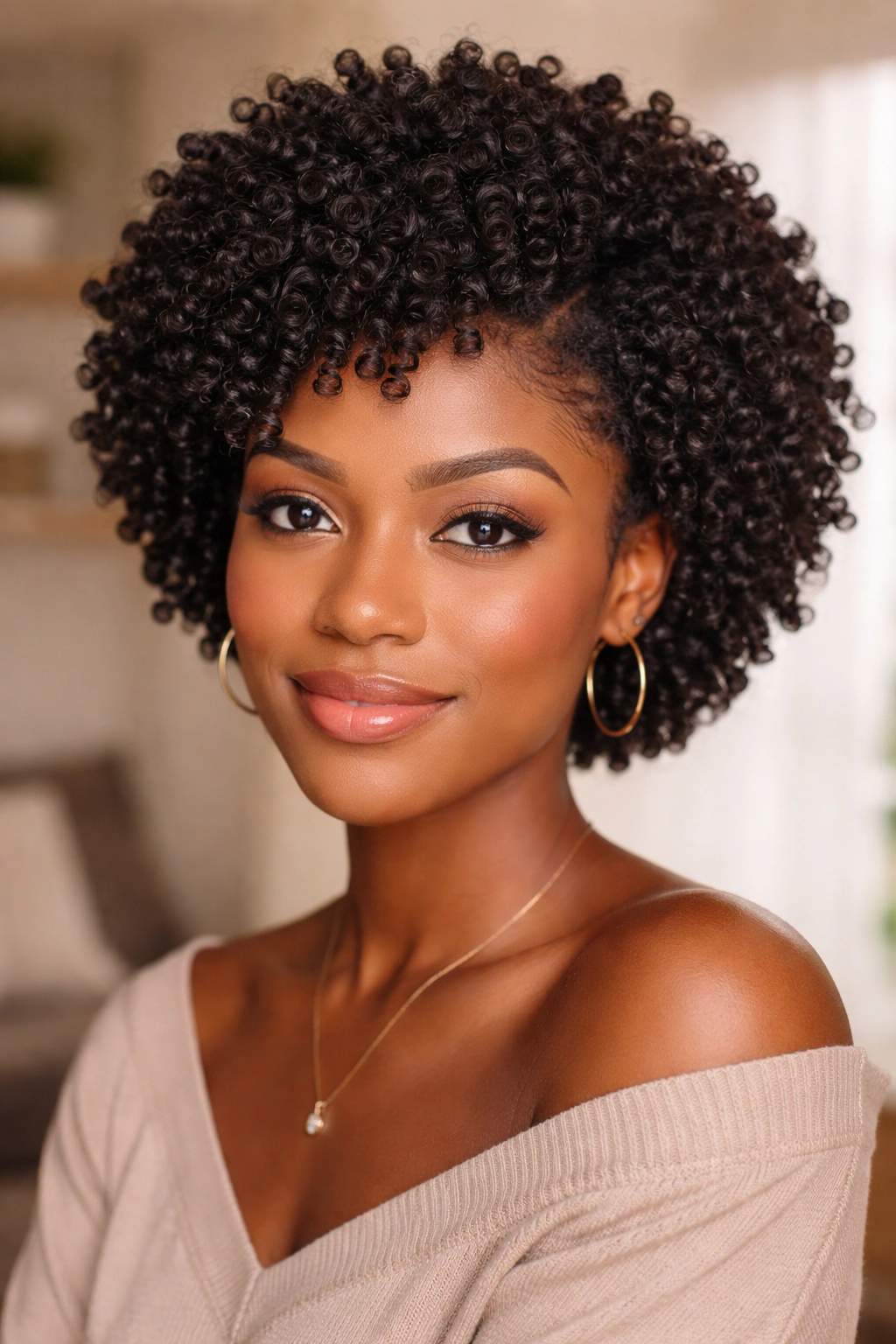 Real woman with a full head of defined sponge curls in a natural look