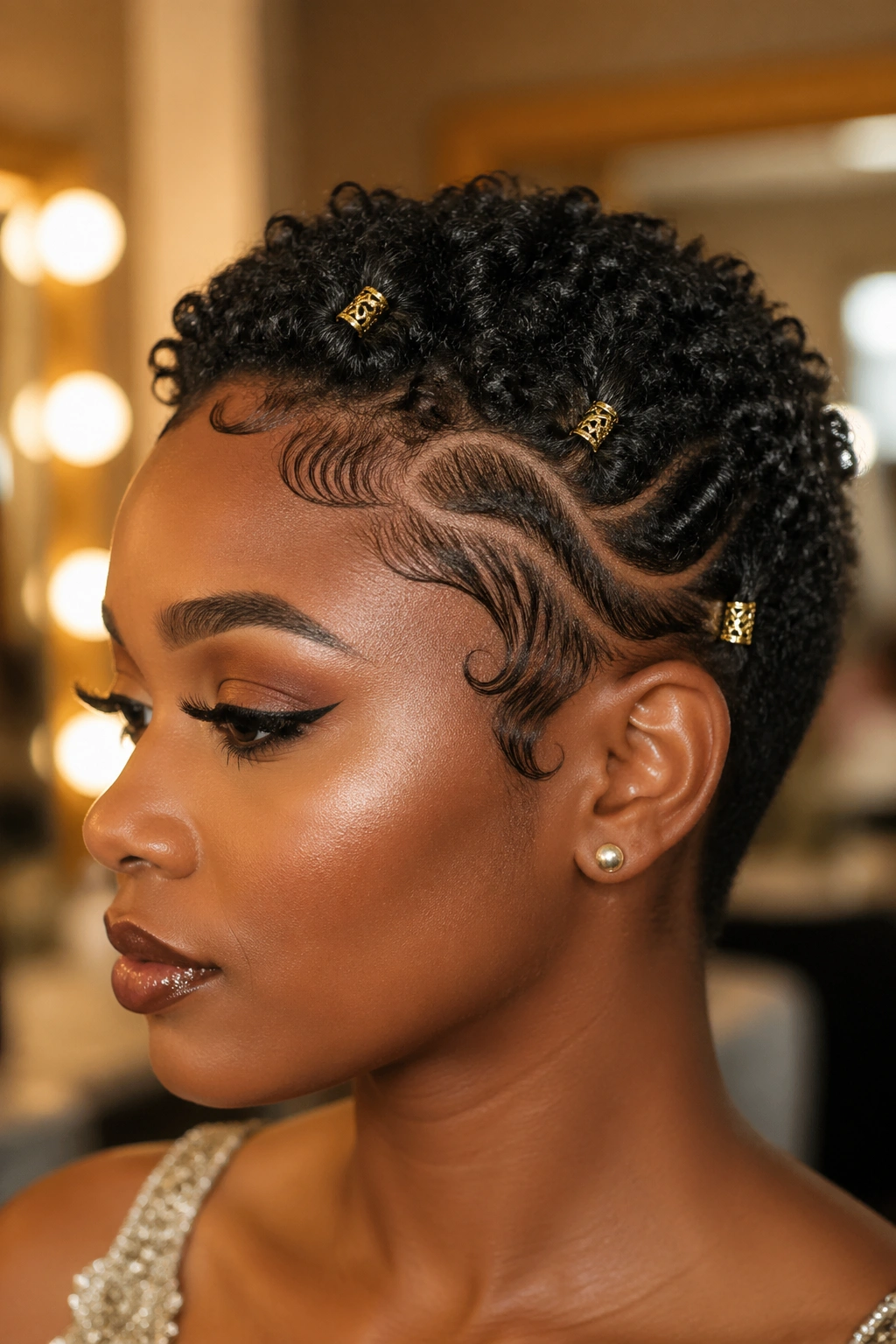 Close-up of a woman with defined TWA featuring edge art and gold pins.