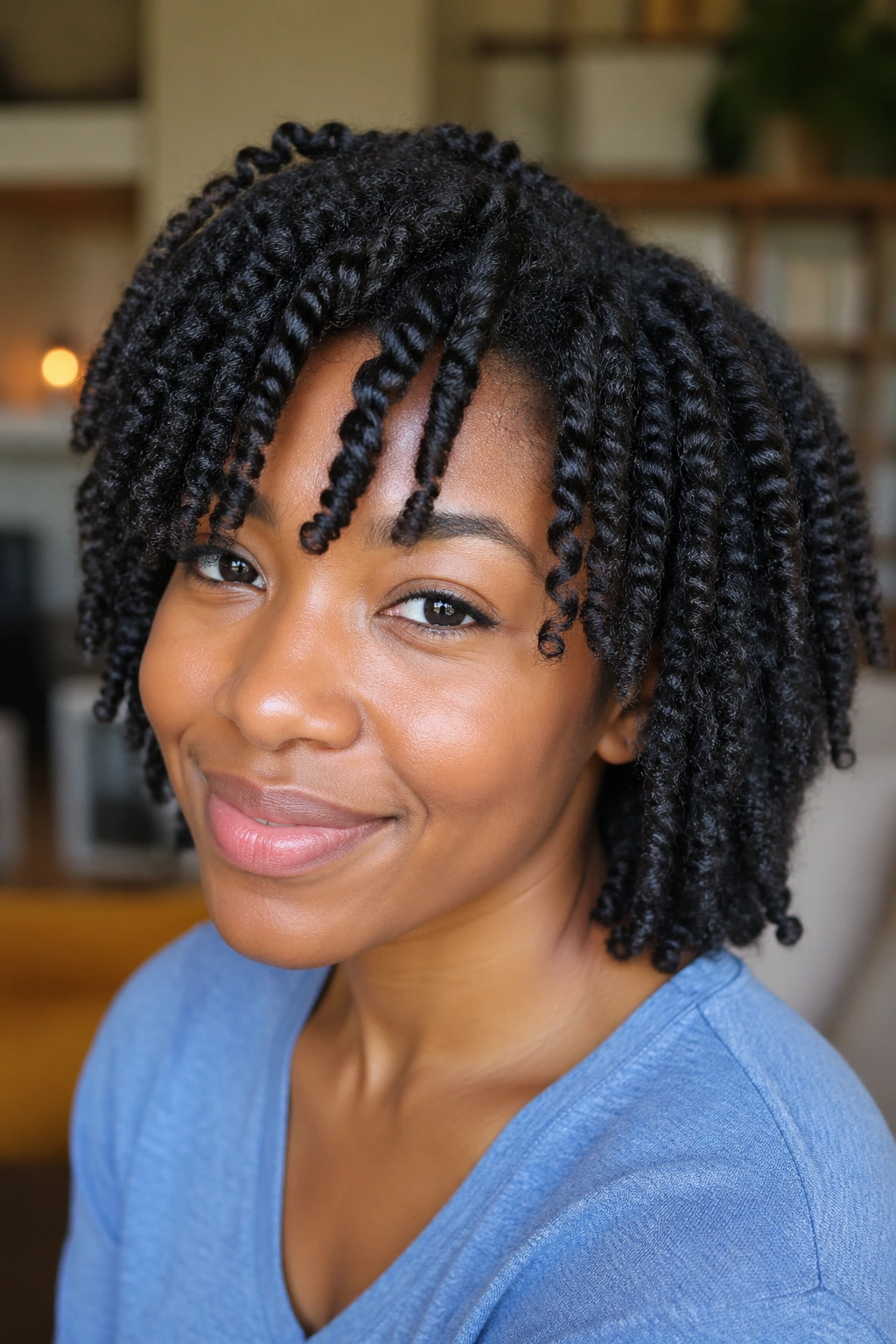 Close-up of real woman with defined twist-out on Type 4 curls under indoor light
