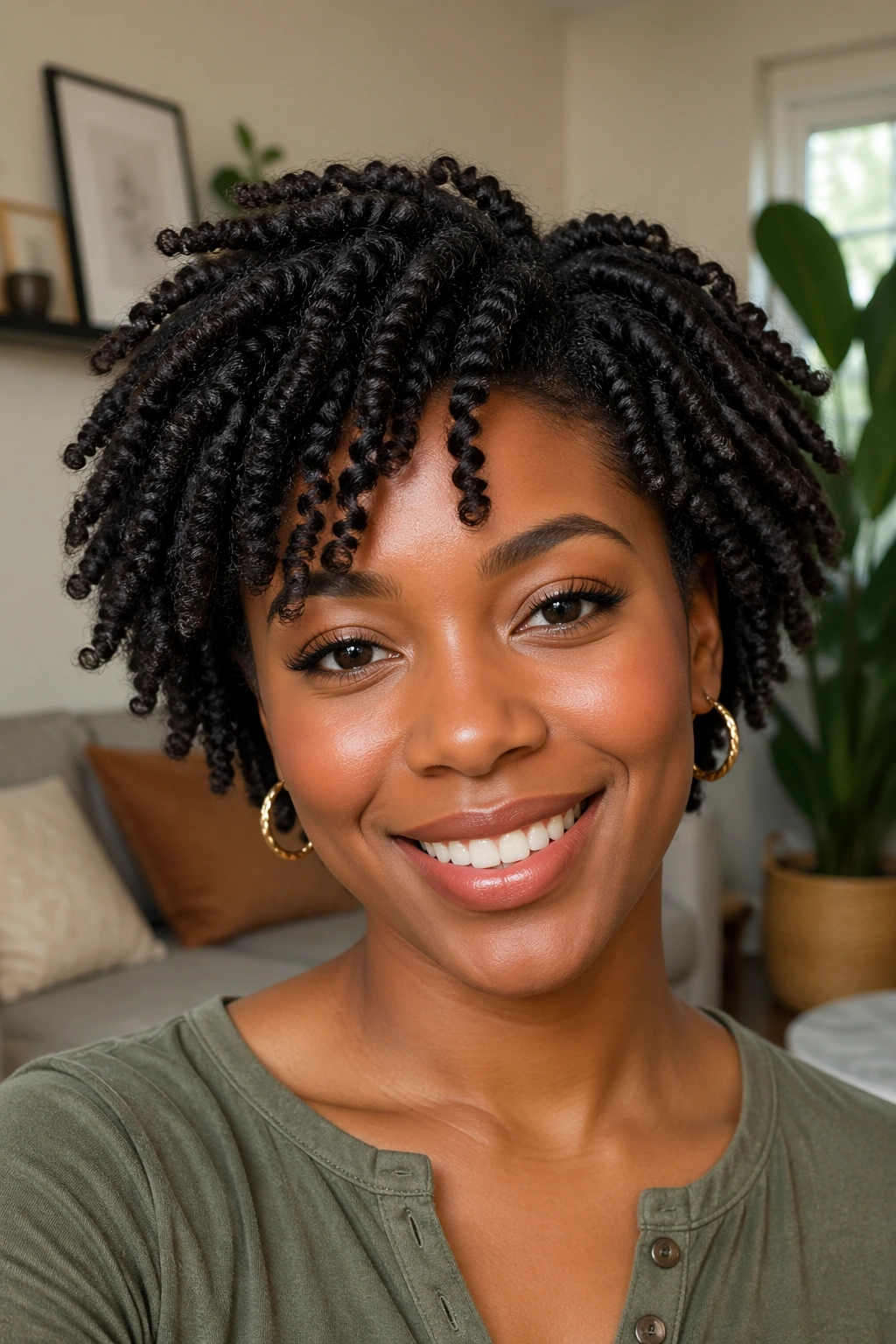 Close-up of a real person with defined twist-out on short natural hair