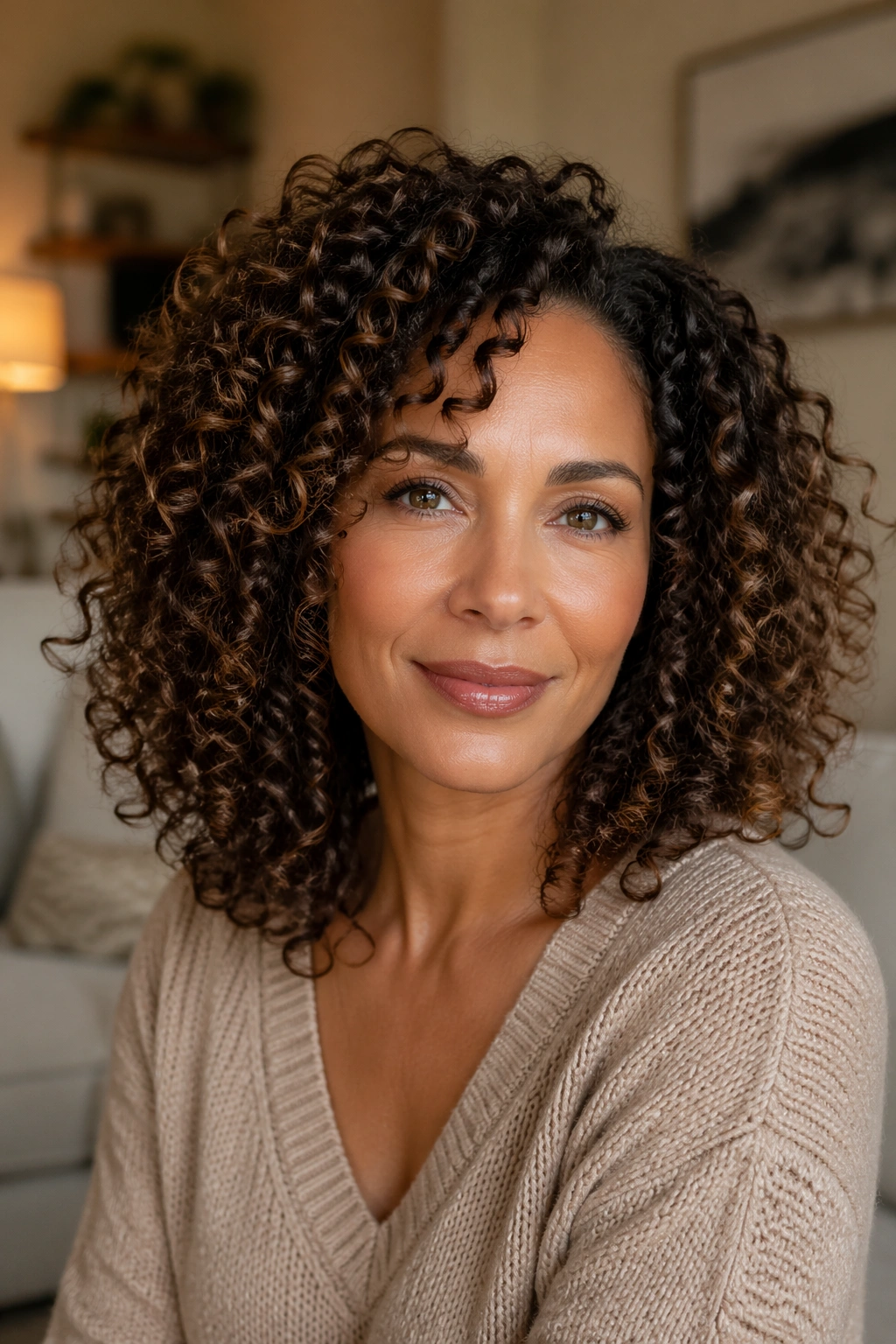 Close-up of a woman with defined wash-and-go ringlets in warm window light