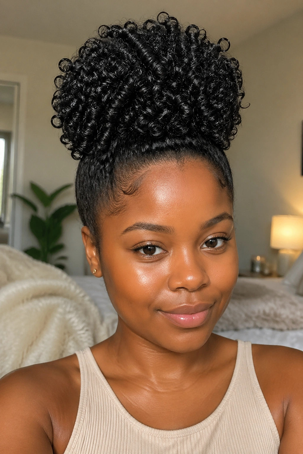 Close-up of a real woman with a defined wet puff of soaking-wet curls