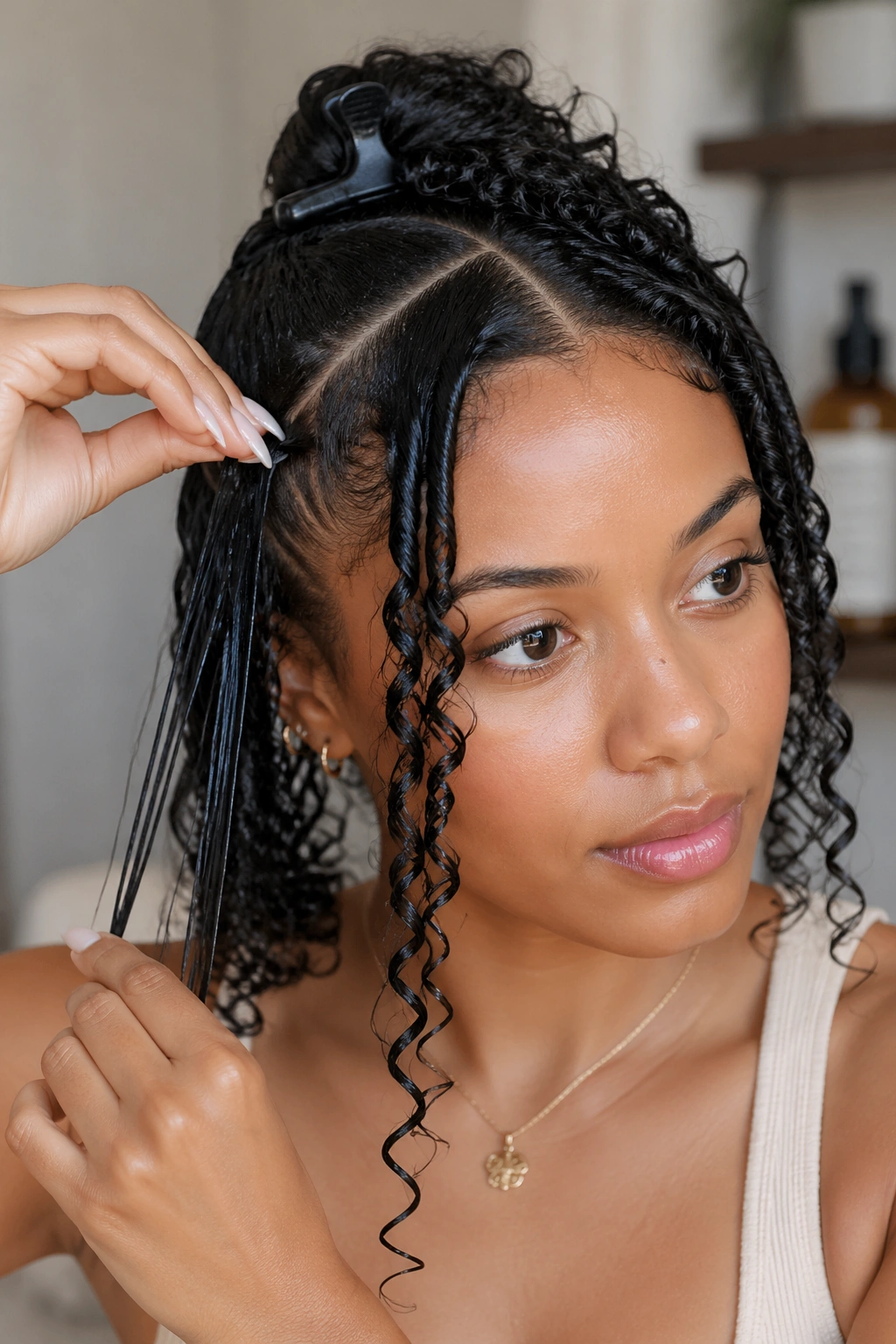 Portrait showing independently defined face-framing curls with rest of hair styled