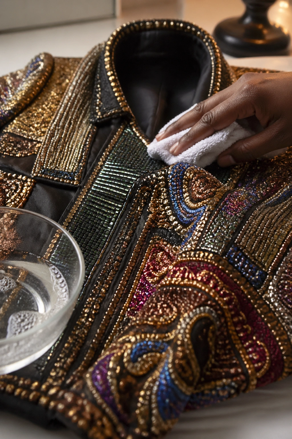 Close-up of delicate embellished jacket being cared for after a festival