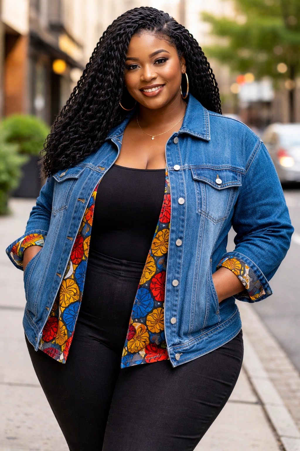 Plus-size model in denim jacket with Ankara accents outdoors