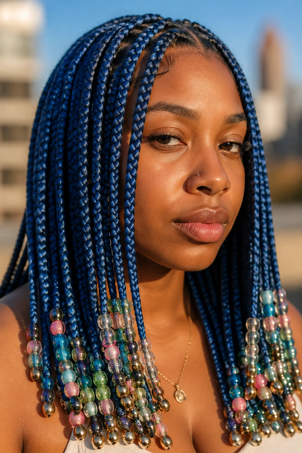 Close-up of denim blue knotless box braids with multicolor beads