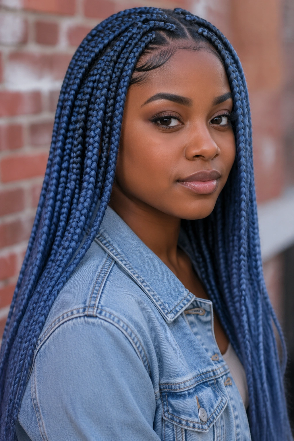 Close-up of a real person with denim blue box braids under urban daylight.