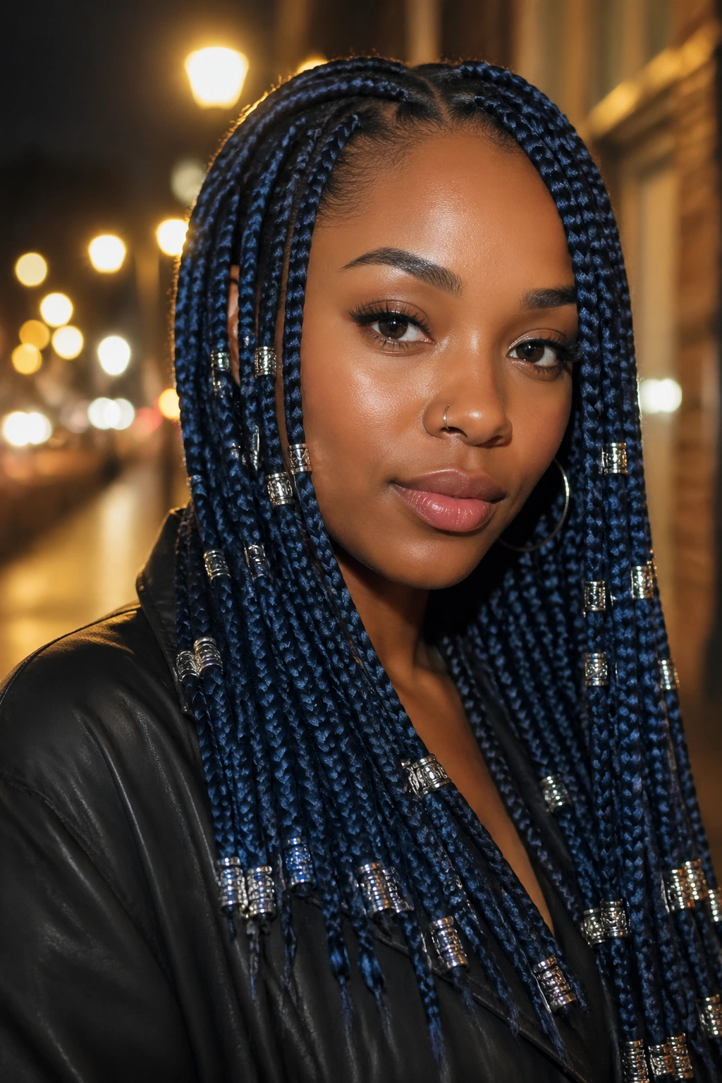 Close-up portrait of a real woman with denim blue knotless box braids and silver beads