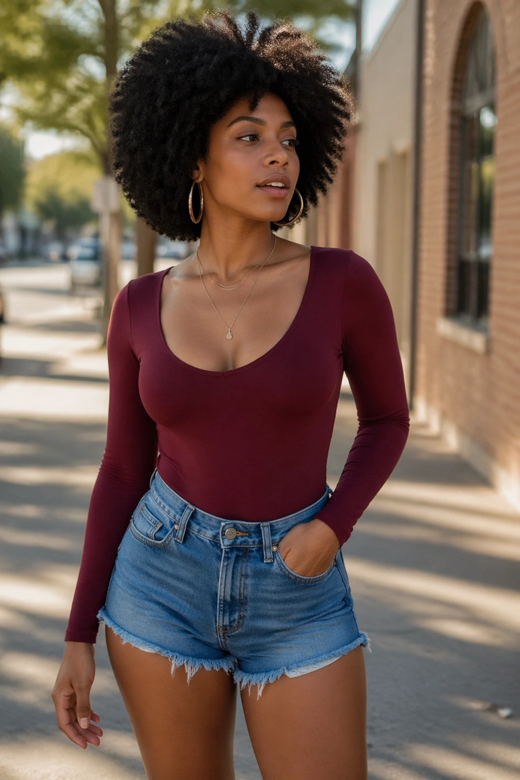 Portrait of a woman in denim cut-offs and a bold bodysuit outdoors