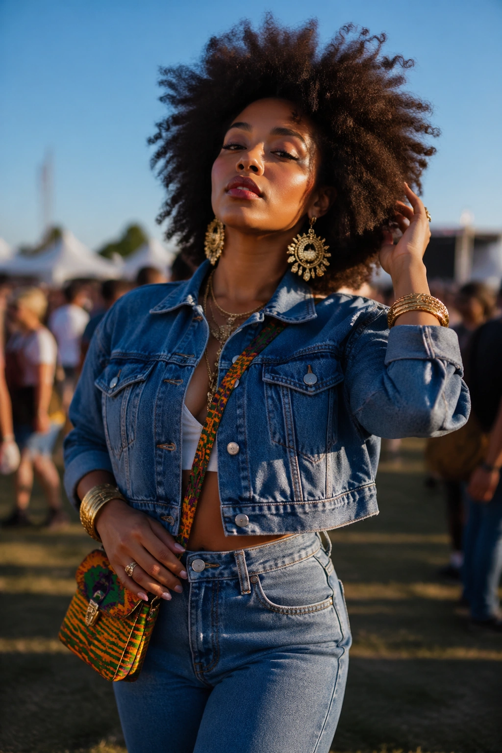 Medium-close portrait of a person in head-to-toe denim with bold accessories at a festival
