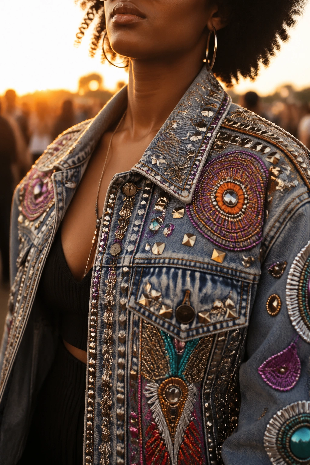 Close-up of a real person wearing an embellished denim jacket at a sunny festival