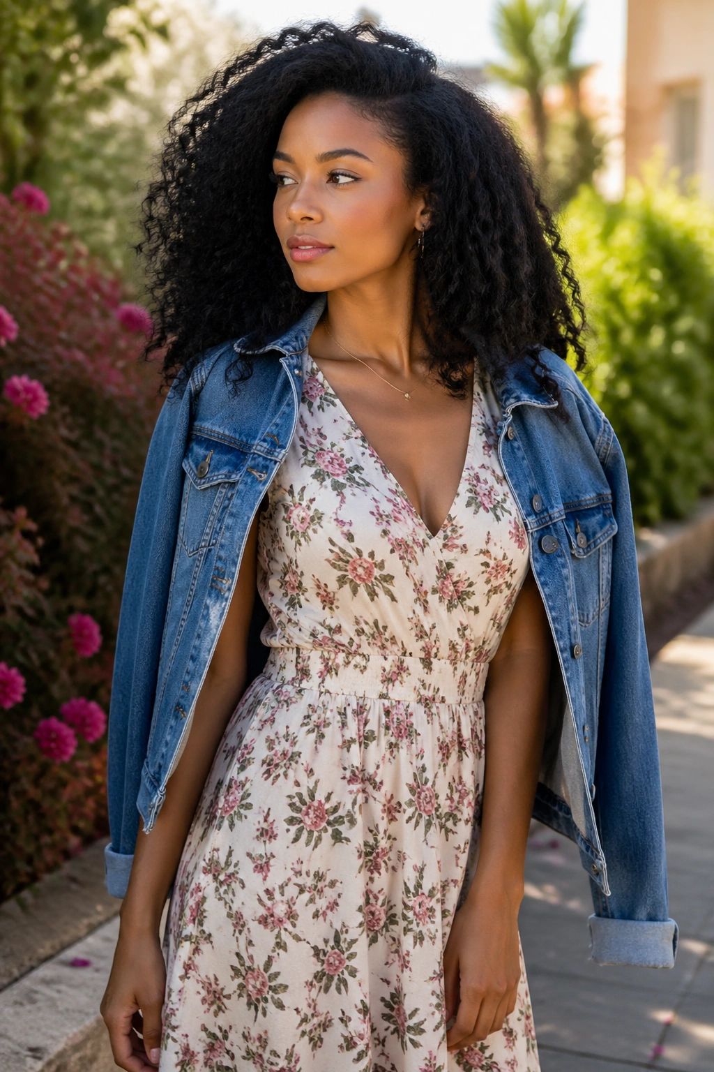 Woman wearing a denim jacket over a floral dress in an outdoor garden setting