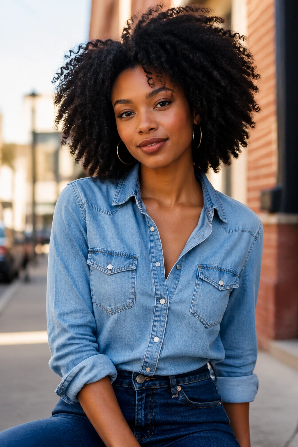 Close-up of a woman in light blue denim shirt and dark jeans, with curls around the collar in an urban street setting
