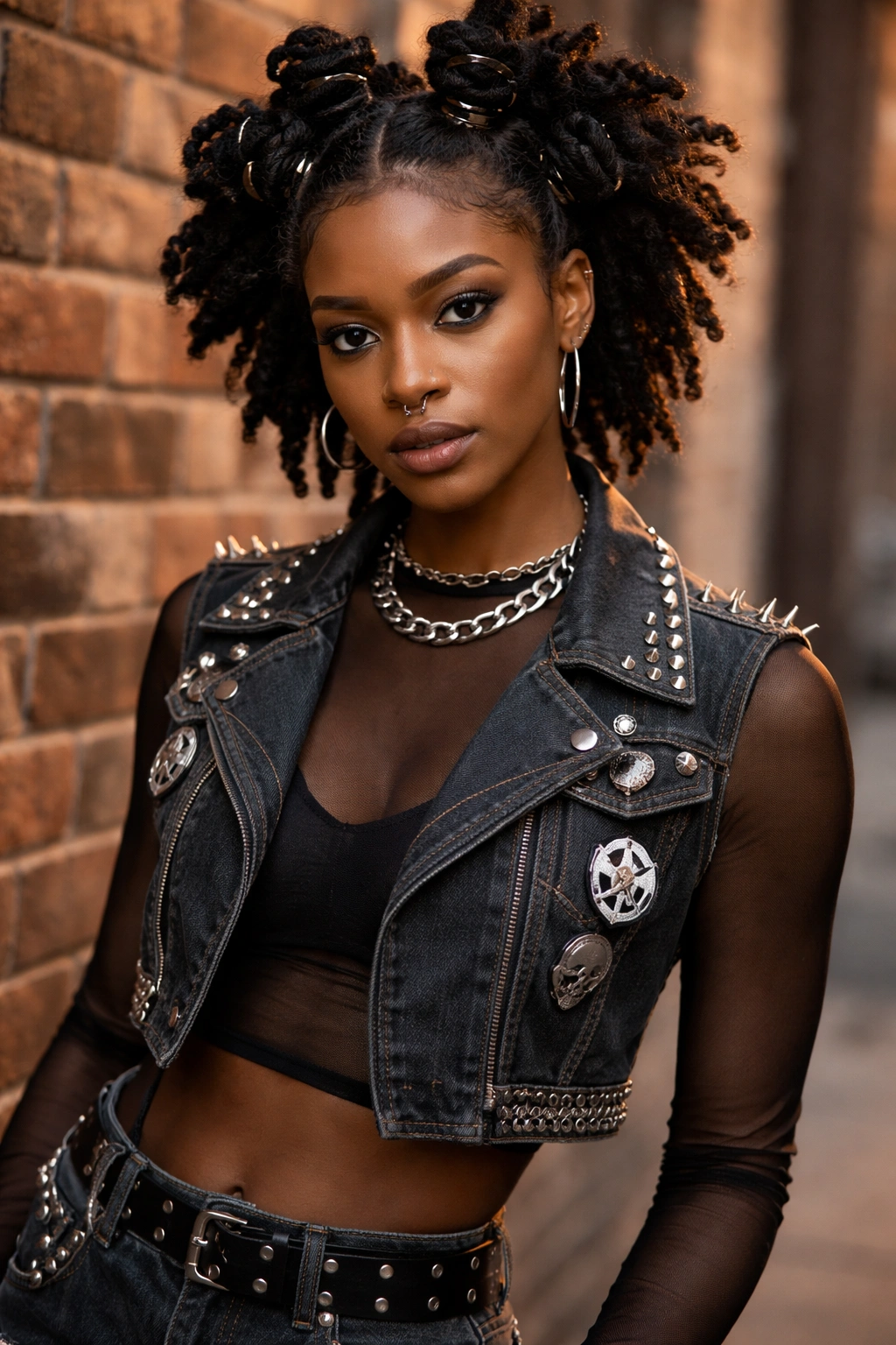 Close-up portrait of a woman wearing a denim vest over a mesh top against a brick wall.