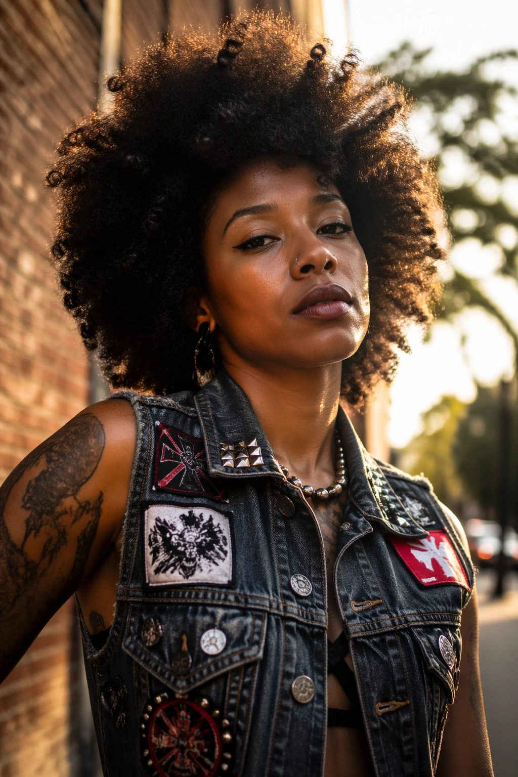 Person wearing a patch-covered denim vest with natural hair outdoors.