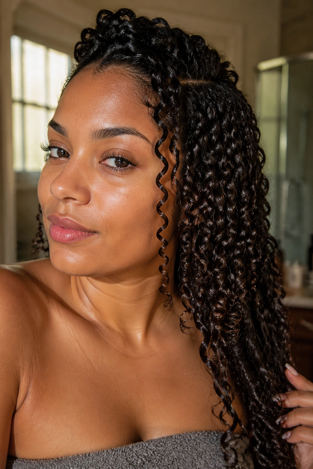 Close-up of a real woman with Denman brush-defined curls in a cozy bathroom