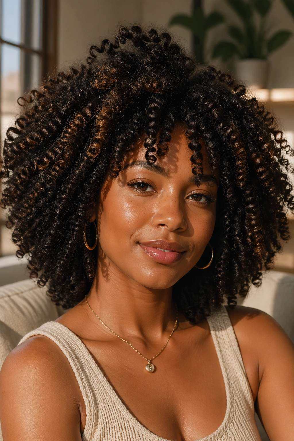 Close-up of a real woman with a dense, voluminous twist-out under warm natural light