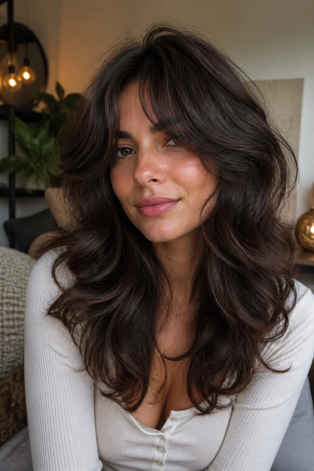 Portrait of a real woman with dense hair butterfly cut and hidden interior layers in warm indoor light.