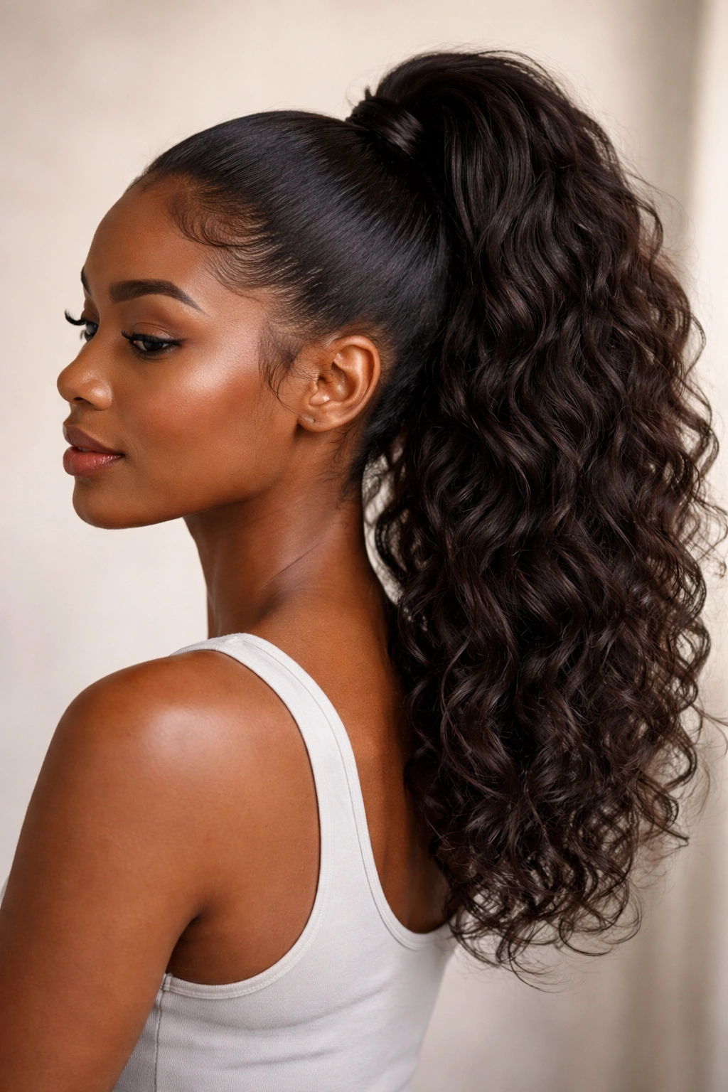 Side profile of a density-matched high ponytail blending with natural hair