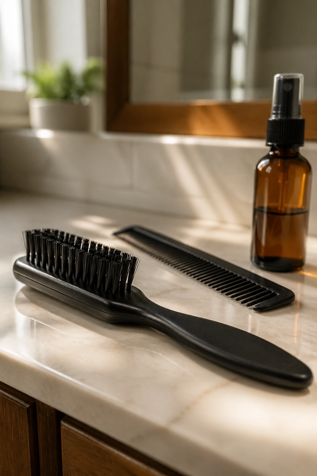 Close-up of a detailing brush and small tools for short strand braids on a bathroom counter