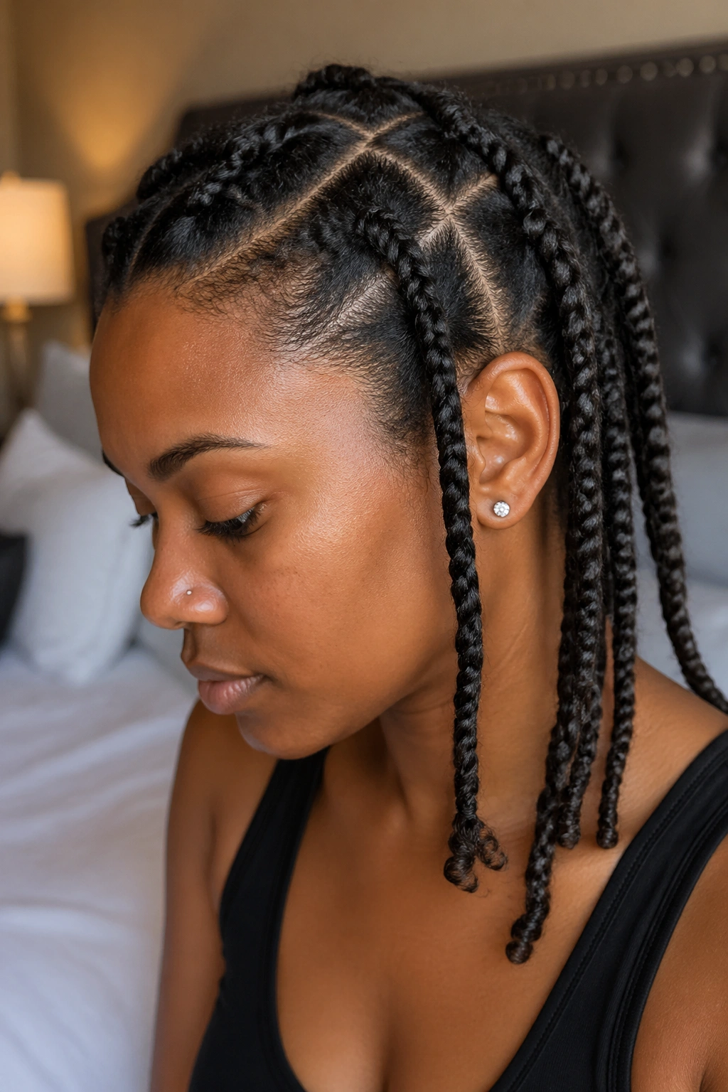 Real person with detangled hair sectioned into 4-6 stretchy braids for prep