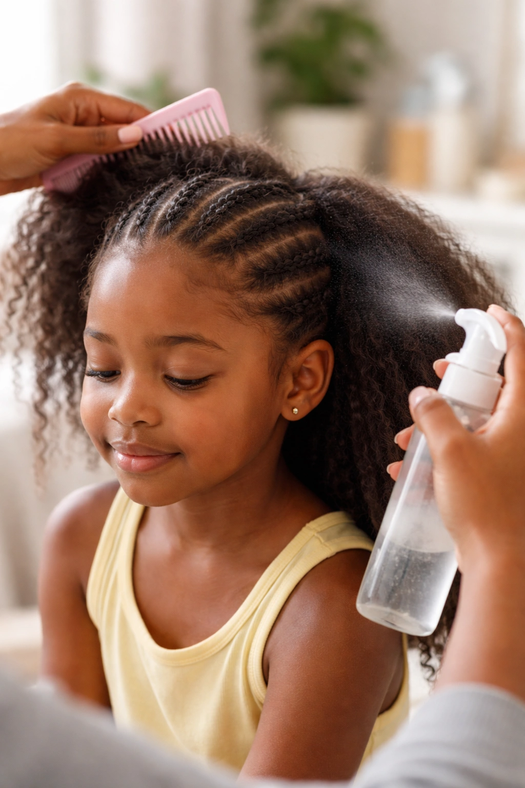 Close-up of prep steps on a girl’s cornrows to reduce tears