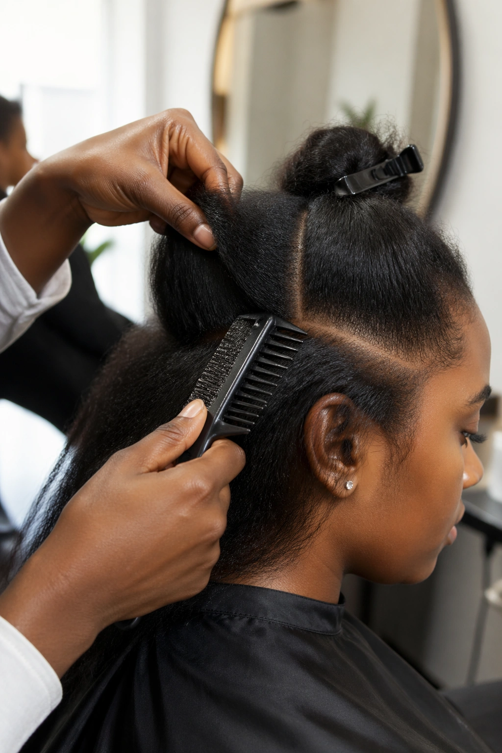 Stylist detangling and prepping hair for cornrows in a bright salon