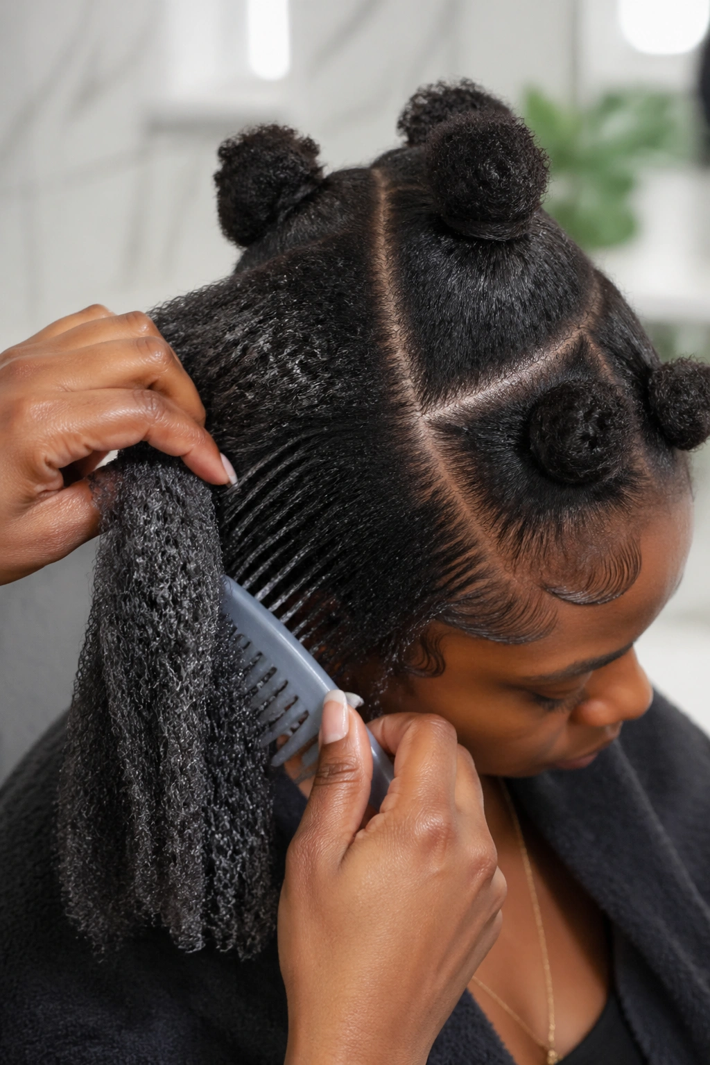 Close-up of detangling and sectioning loose hair for half cornrows
