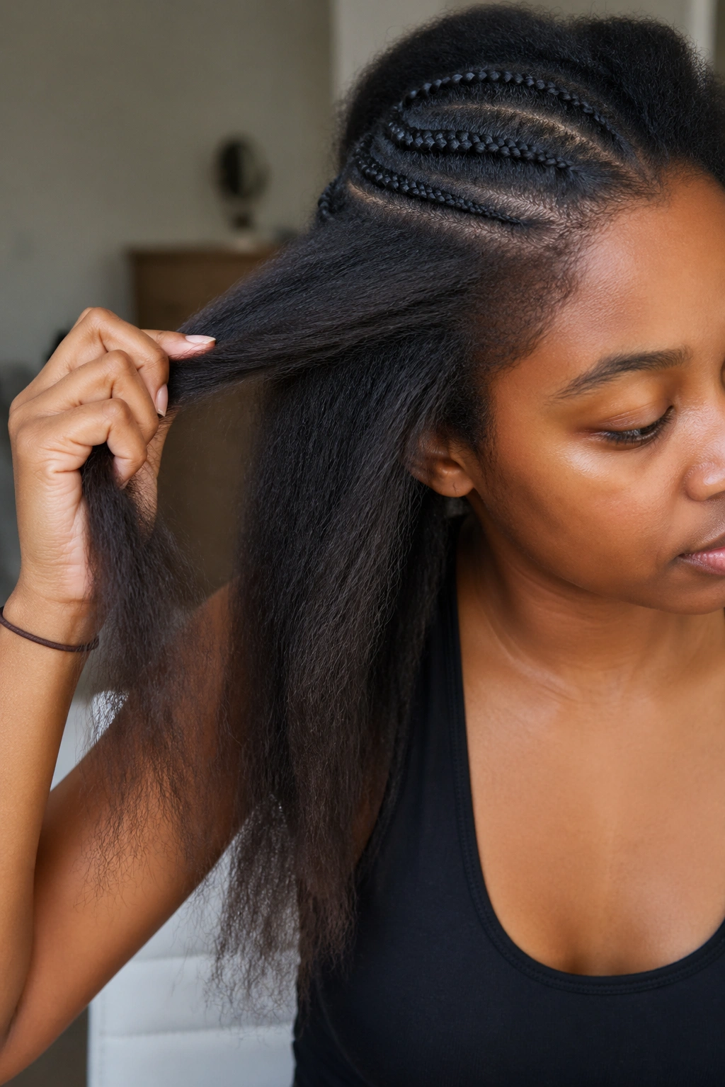 Close-up of detangled, stretched hair prepared for beads on a real person