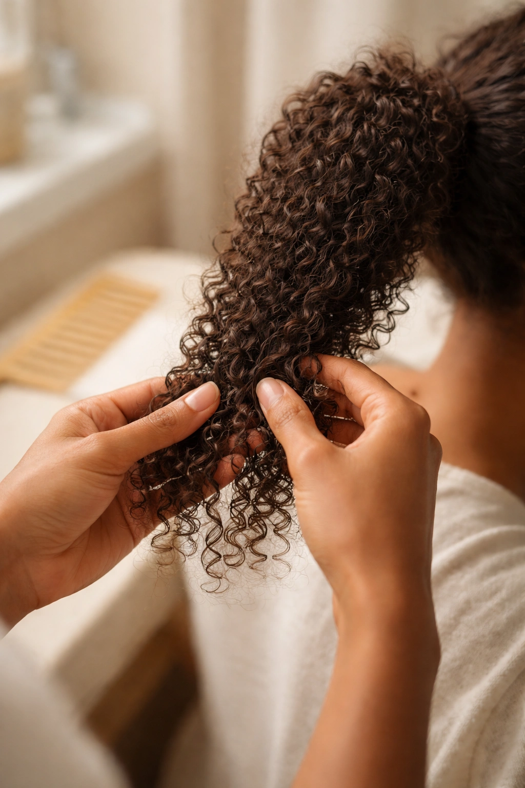 Hands detangling curly ponytail with fingers at the ends