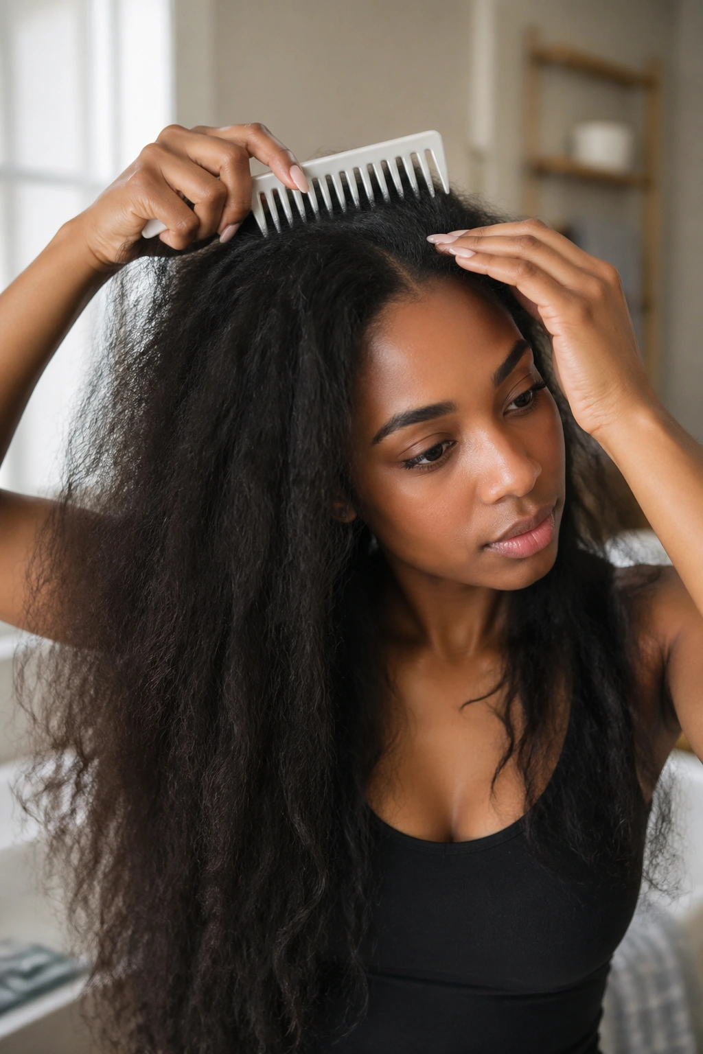 Detangling long hair with fingers and wide-tooth comb on real person