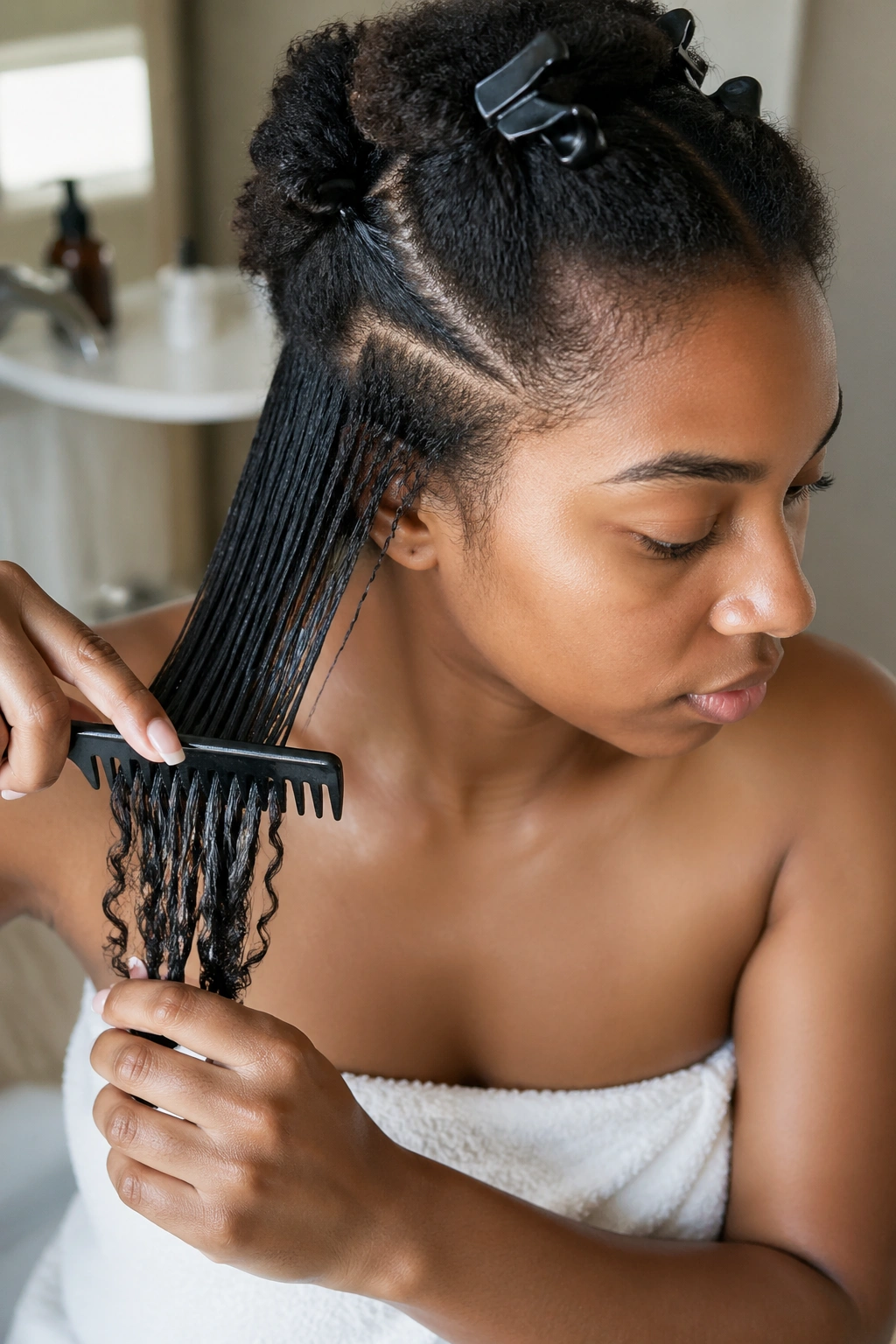 Close-up of detangling hair with a wide-tooth comb during prep in warm lighting