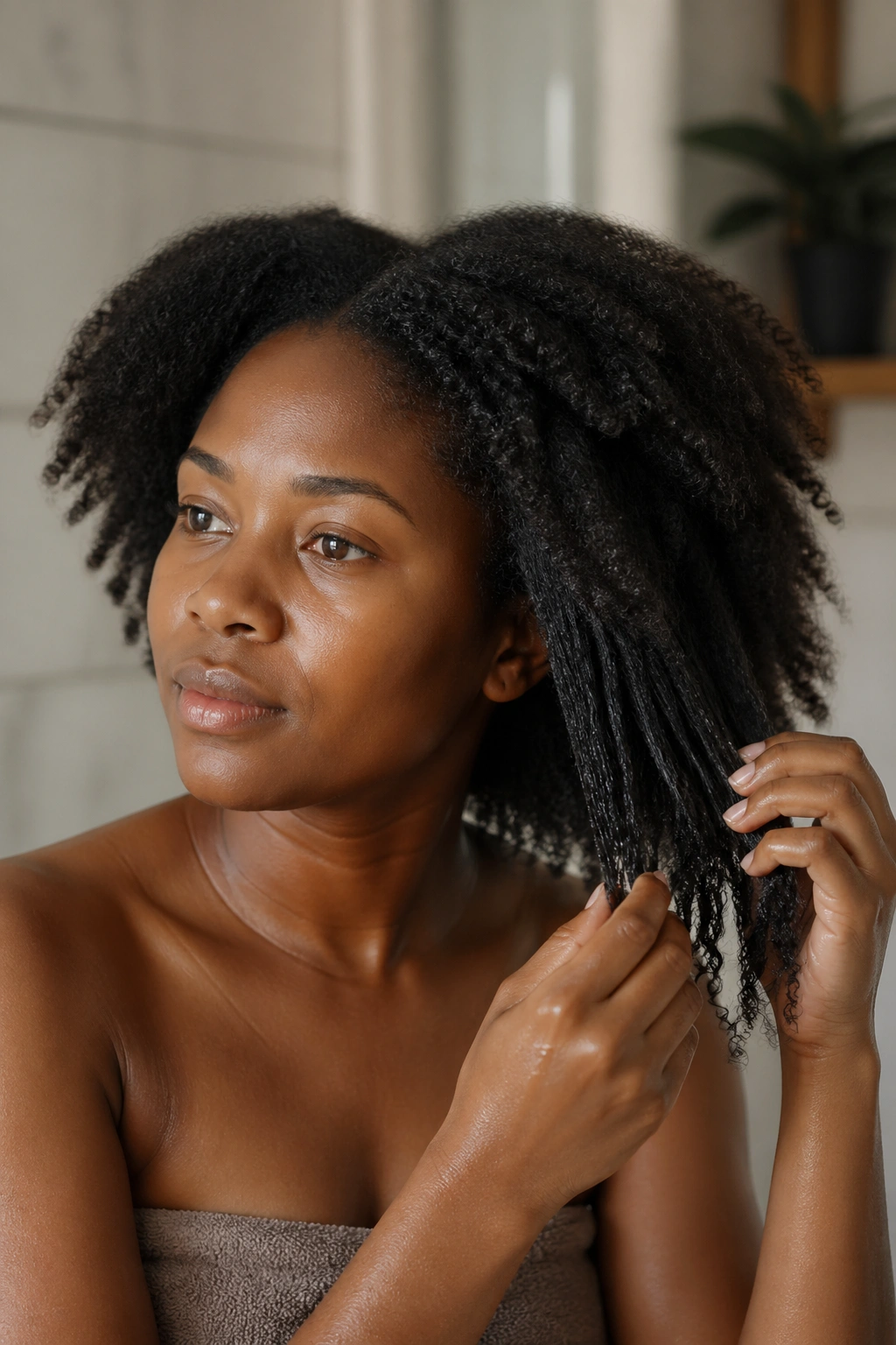 Close-up of a real person with detangled curls and smooth texture