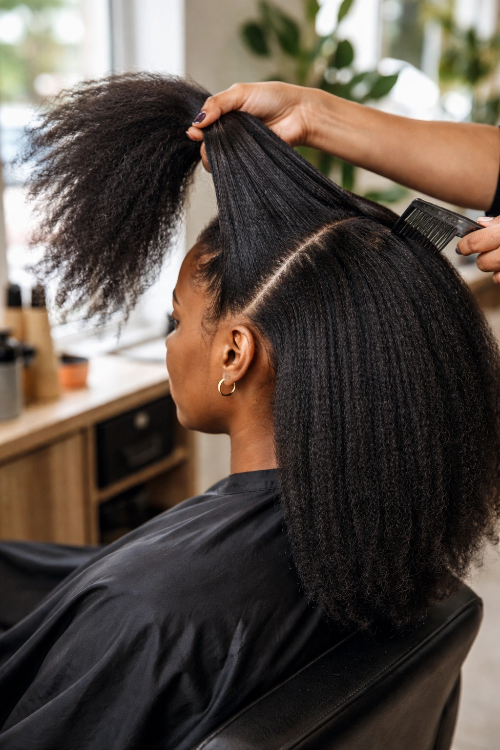 Portrait of a person in a salon chair with detangled stretched hair