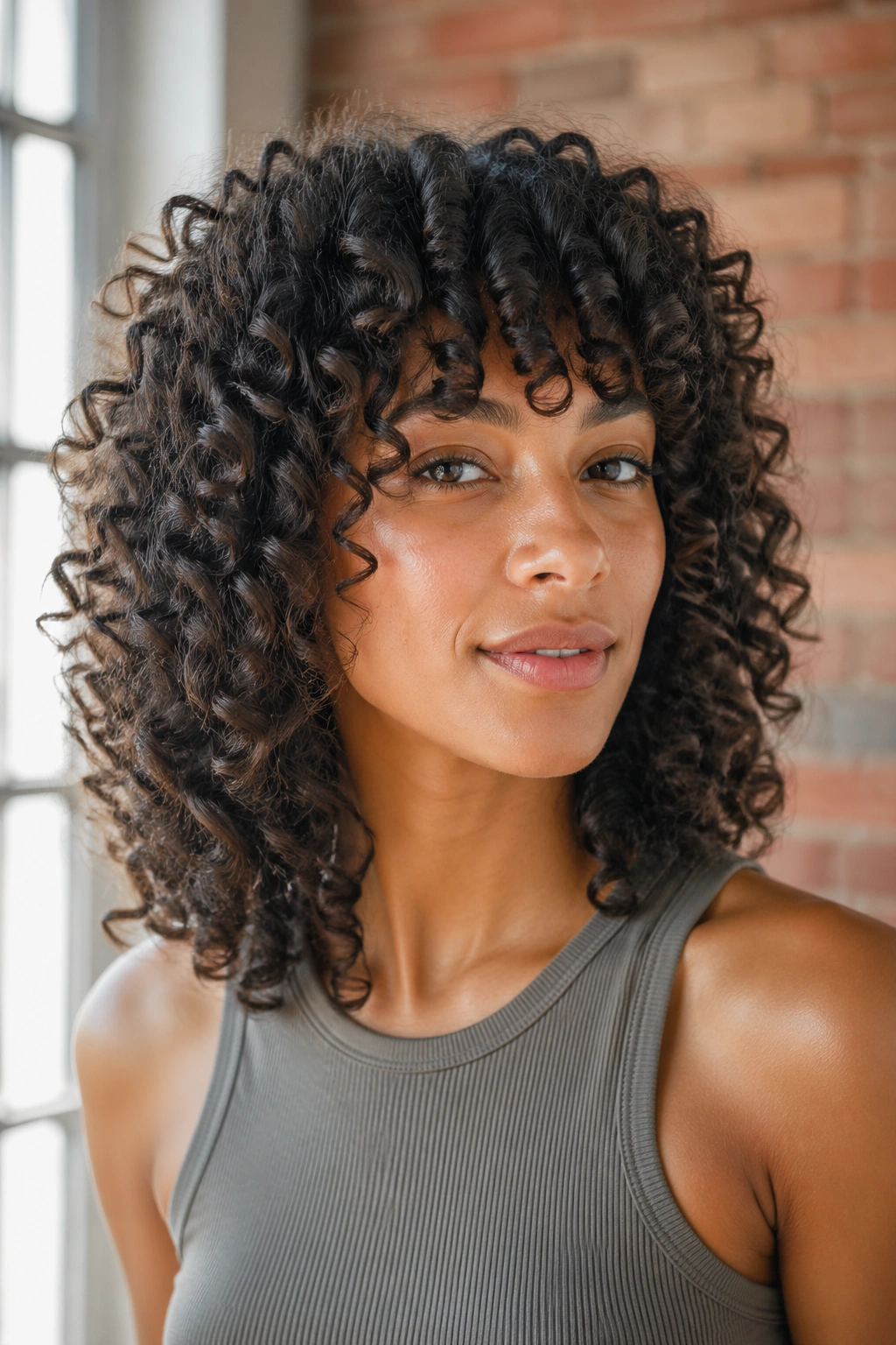 Close-up portrait of a real woman with Deva-cut curls in natural light