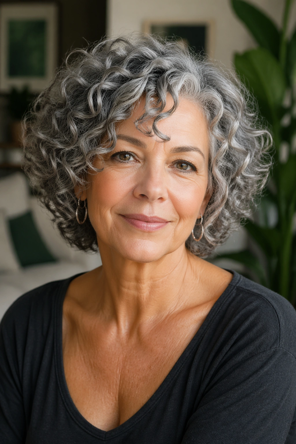 Close-up of a woman with natural curls shaped curl-by-curl in soft ambient light.