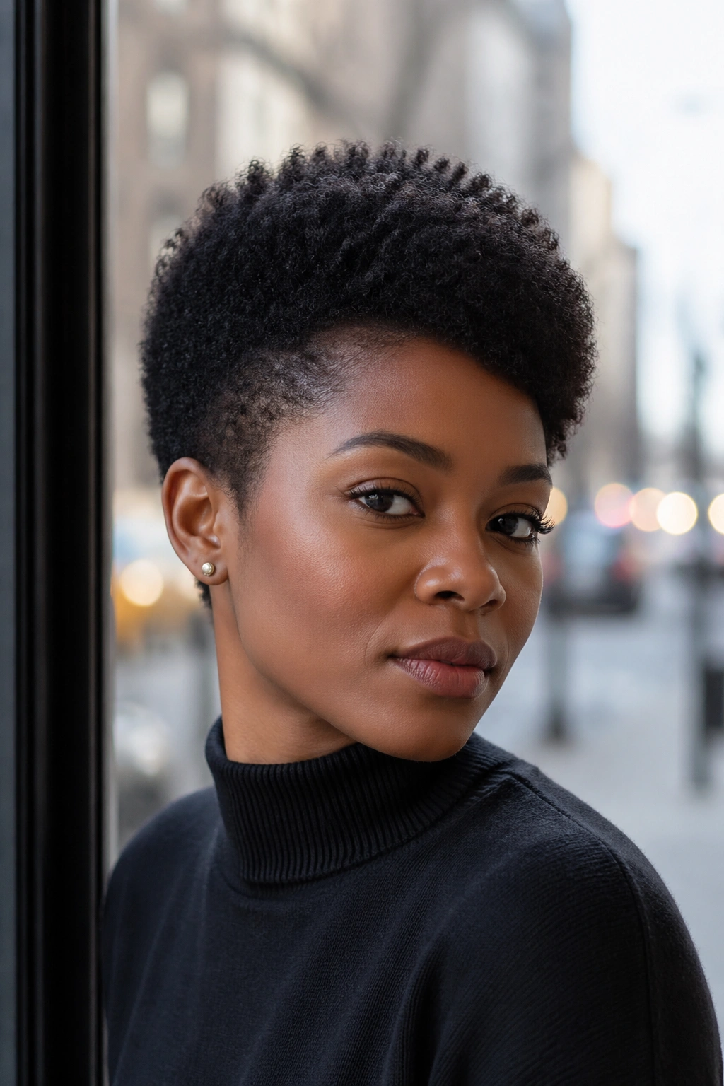 Close-up of a real woman with a diagonal-sided small Afro under natural window light