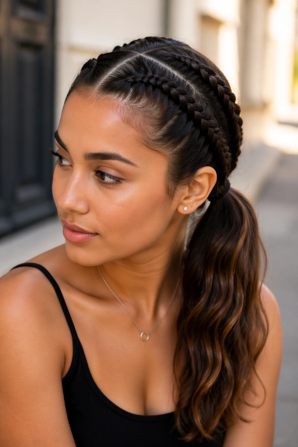 Close-up of a real woman with diagonal double braids into a side ponytail