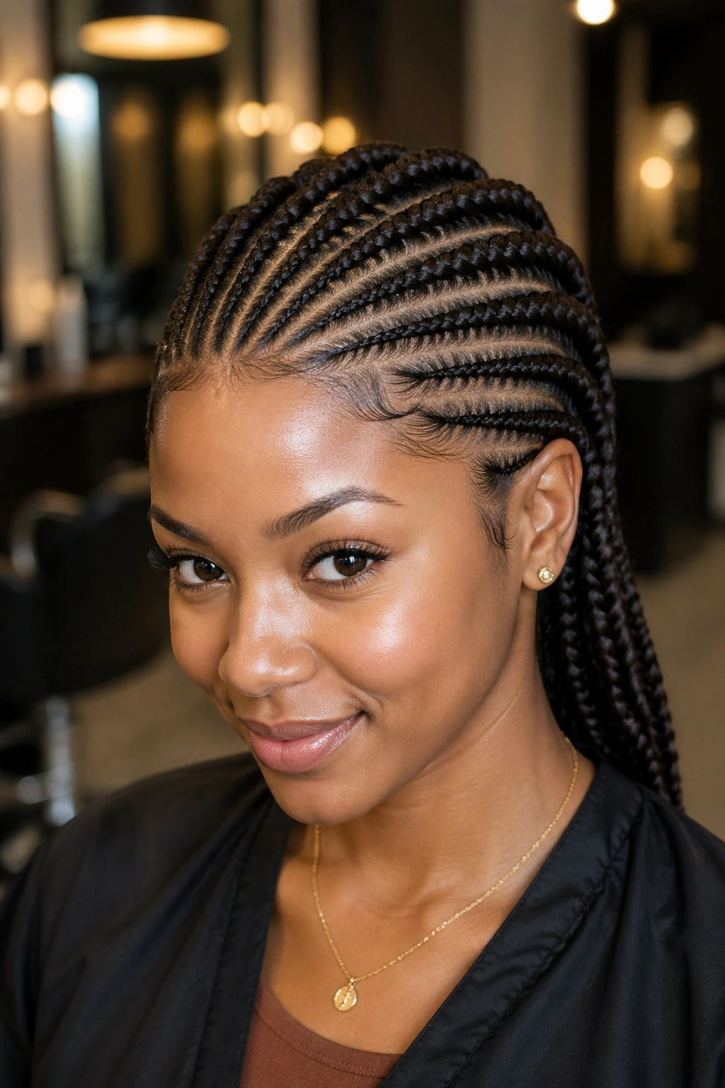 Close-up portrait of a real woman with diagonal feed-ins across the head