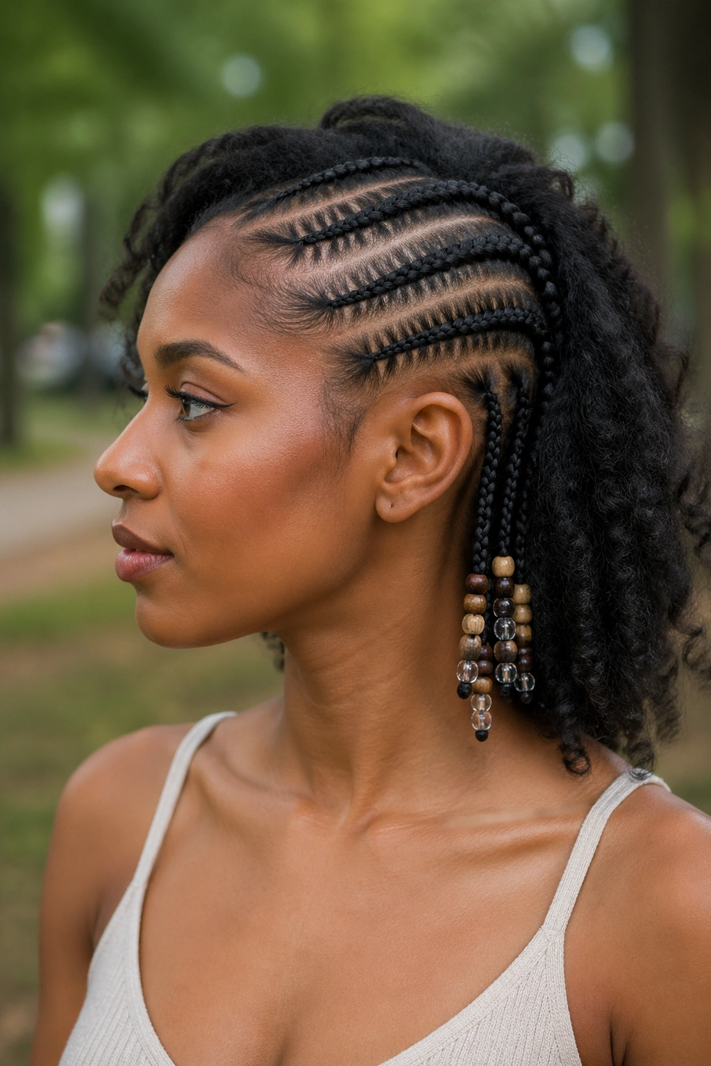 Portrait of diagonal diagonal cornrows with beaded tails on one side